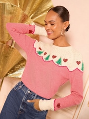 Love & Roses Pink Christmas Tree with Hearts Pattern Crew Neck Cosy Jumper - Image 1 of 4