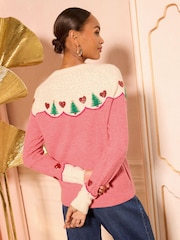 Love & Roses Pink Christmas Tree with Hearts Pattern Crew Neck Cosy Jumper - Image 4 of 4