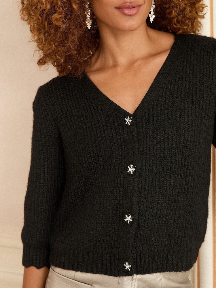 Love & Roses Black Short Sleeve Embellished Button Cardigan With Wool - Image 2 of 4