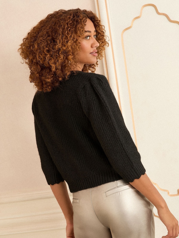 Love & Roses Black Short Sleeve Embellished Button Cardigan With Wool - Image 4 of 4