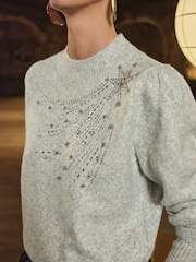 Love & Roses Grey Star Embellished Cosy Knit Jumper With Wool - Image 2 of 4