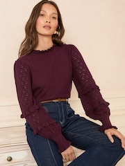 Love & Roses Burgundy Red Frill Sleeve Pointelle Jumper - Image 1 of 4