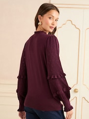 Love & Roses Burgundy Red Frill Sleeve Pointelle Jumper - Image 2 of 4