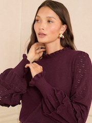 Love & Roses Burgundy Red Frill Sleeve Pointelle Jumper - Image 3 of 4