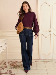 Love & Roses Burgundy Red Frill Sleeve Pointelle Jumper - Image 4 of 4