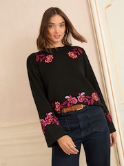Love & Roses Black Floral Embroidered Wide Sleeve Jumper - Image 1 of 4