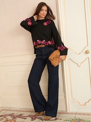 Love & Roses Black Floral Embroidered Wide Sleeve Jumper - Image 3 of 4