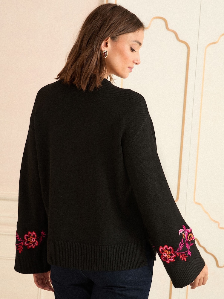 Love & Roses Black Floral Embroidered Wide Sleeve Jumper - Image 4 of 4