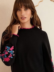 Love & Roses Black Floral Frill Neck Embroidered Jumper - Image 4 of 4