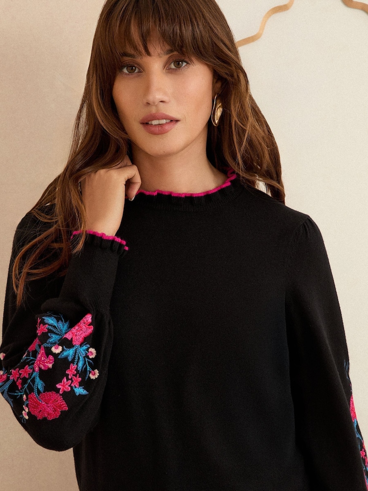 Love & Roses Black Floral Frill Neck Embroidered Jumper - Image 4 of 4
