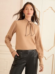 Love & Roses Camel Tie Neck Knitted Jumper - Image 3 of 4