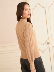 Love & Roses Camel Tie Neck Knitted Jumper - Image 4 of 4