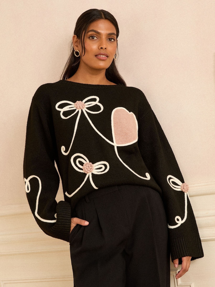Love & Roses Black Bow and Heart Cornelli Knit Jumper - Image 1 of 4