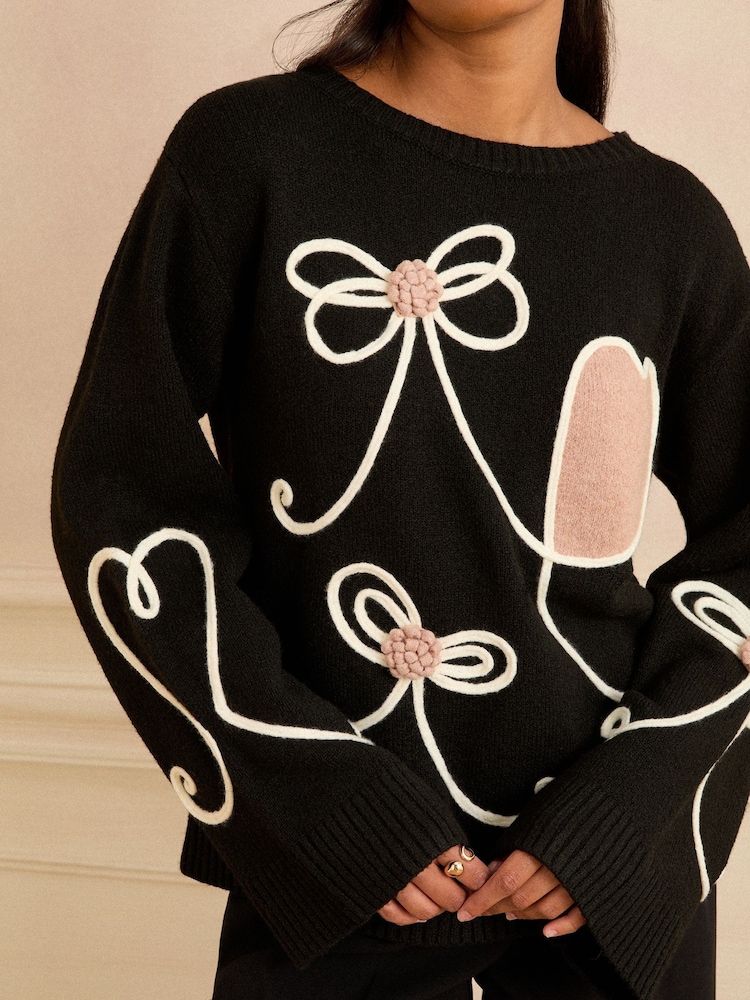 Love & Roses Black Bow and Heart Cornelli Knit Jumper - Image 2 of 4