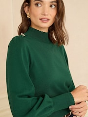 Love & Roses Forest Green Bow Shoulder High Neck Fine Gauge Jumper - Image 2 of 4