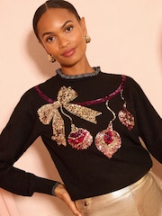 Love & Roses Black Sequin Bauble Frill Neck Cosy Jumper - Image 2 of 4