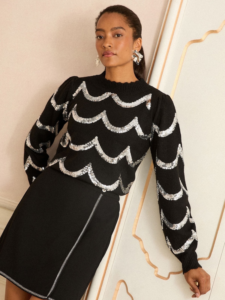 črna pokrovača - Love & Roses Sequin Cosy Knit Jumper With Wool - Slika 1 iz 4