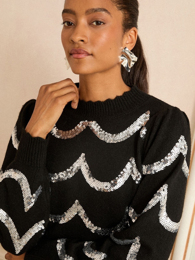 črna pokrovača - Love & Roses Sequin Cosy Knit Jumper With Wool - Slika 2 iz 4