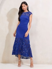 Lipsy Cobalt Blue Floral Print Lace Mix Fit And Flare Midi Dress - Image 1 of 4