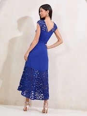 Lipsy Cobalt Blue Floral Print Lace Mix Fit And Flare Midi Dress - Image 4 of 4