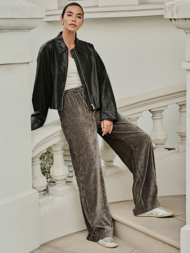 Grey Chenille Wide Leg Trousers - Image 1 of 8