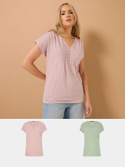 Long Tall Sally Pink 100% Cotton Short Sleeve Pintuck Henley Tops 2 Pack - Image 1 of 8