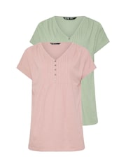 Long Tall Sally Pink 100% Cotton Short Sleeve Pintuck Henley Tops 2 Pack - Image 6 of 8