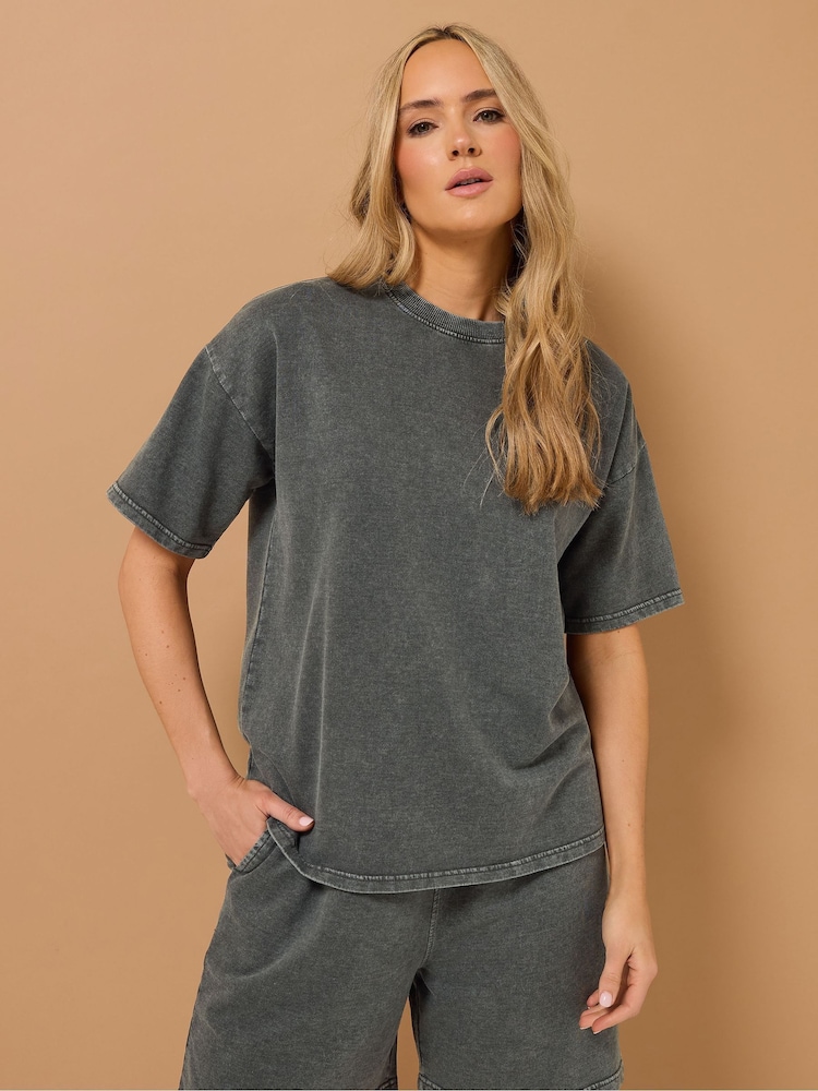 Long Tall Sally Black Acid Wash Short Sleeve Sweat Top - Image 1 of 5