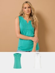 Long Tall Sally Green 100% Cotton Sleeveless Henley T-Shirts 2 Pack - Image 1 of 8