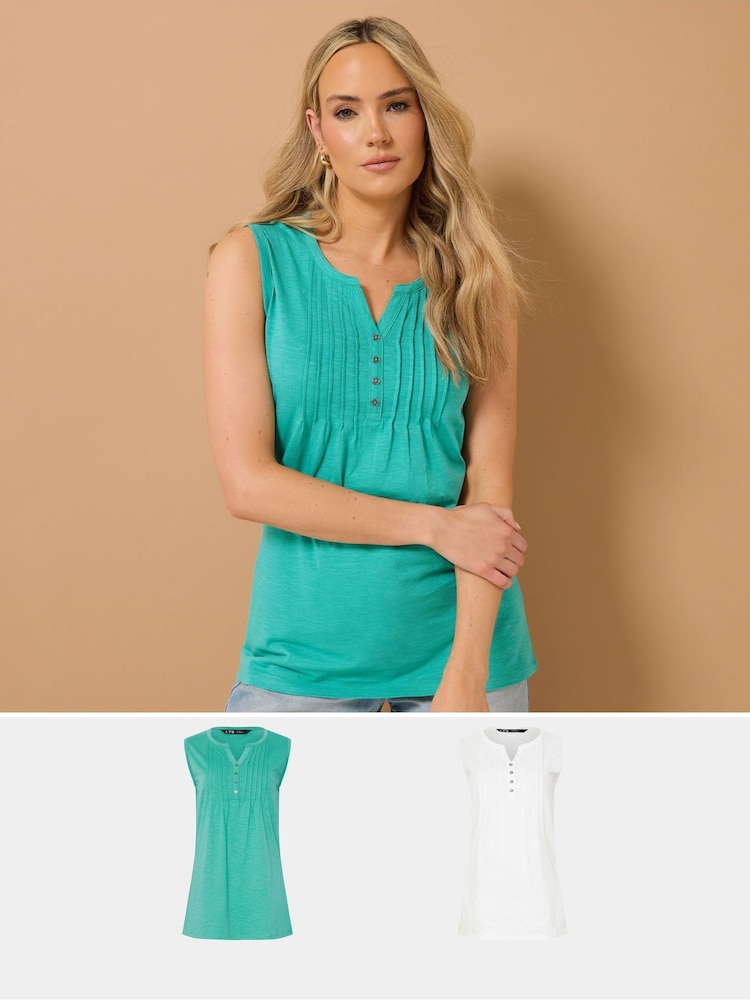 Long Tall Sally Green 100% Cotton Sleeveless Henley T-Shirts 2 Pack - Image 1 of 8