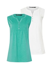 Long Tall Sally Green 100% Cotton Sleeveless Henley T-Shirts 2 Pack - Image 6 of 8