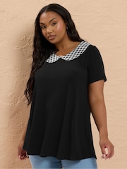 Yours Curve Black Collar Ribbed Swing Top - Image 1 of 5