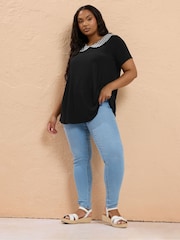 Yours Curve Black Collar Ribbed Swing Top - Image 2 of 5