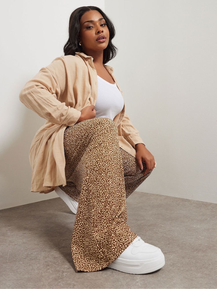 Yours Curve Brown Abstract Structured Wide Leg Trousers - Image 1 of 6