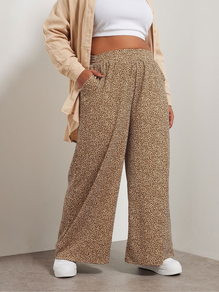 Yours Curve Brown Abstract Structured Wide Leg Trousers - Image 2 of 6