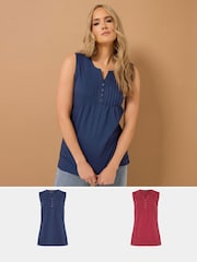 Long Tall Sally Blue 100% Cotton Sleeveless Henley T-Shirts 2 Pack - Image 1 of 8