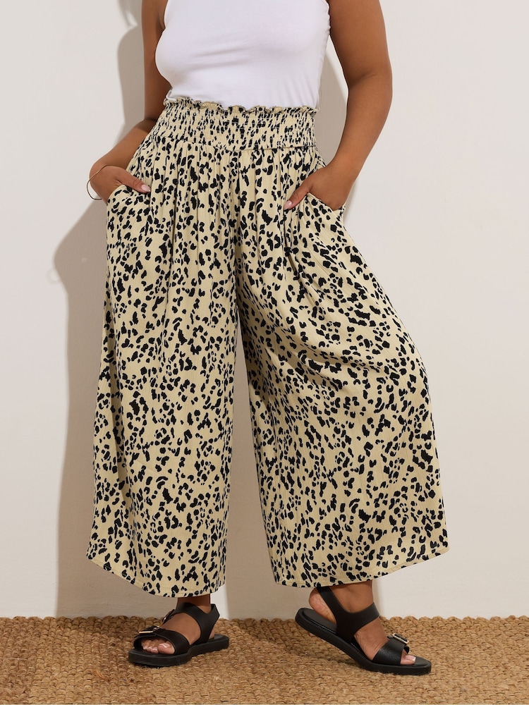 Yours Curve Natural Shirred Asymetric Hem Cropped Trousers - Image 1 of 5 Yours Curve Natural Shirred Asymetric Hem Cropped Trousers - Image 1 of 5