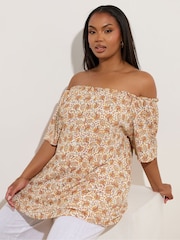 Yours Curve Brown Frill Bardot Blouse - Image 1 of 5
