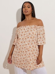 Yours Curve Brown Frill Bardot Blouse - Image 2 of 5