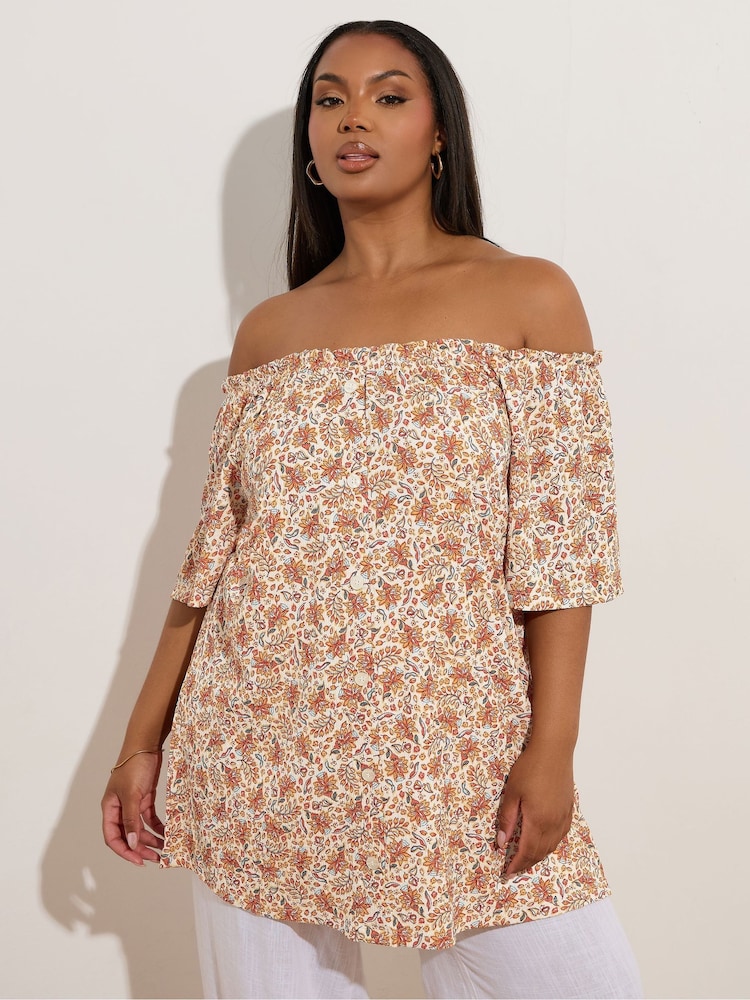 Yours Curve Brown Frill Bardot Blouse - Image 2 of 5