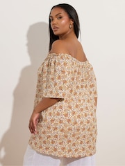 Yours Curve Brown Frill Bardot Blouse - Image 4 of 5