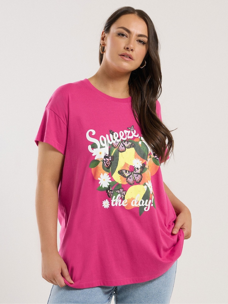 Yours Curve Pink Squeeze The Day Placement T-Shirt - Image 1 of 5