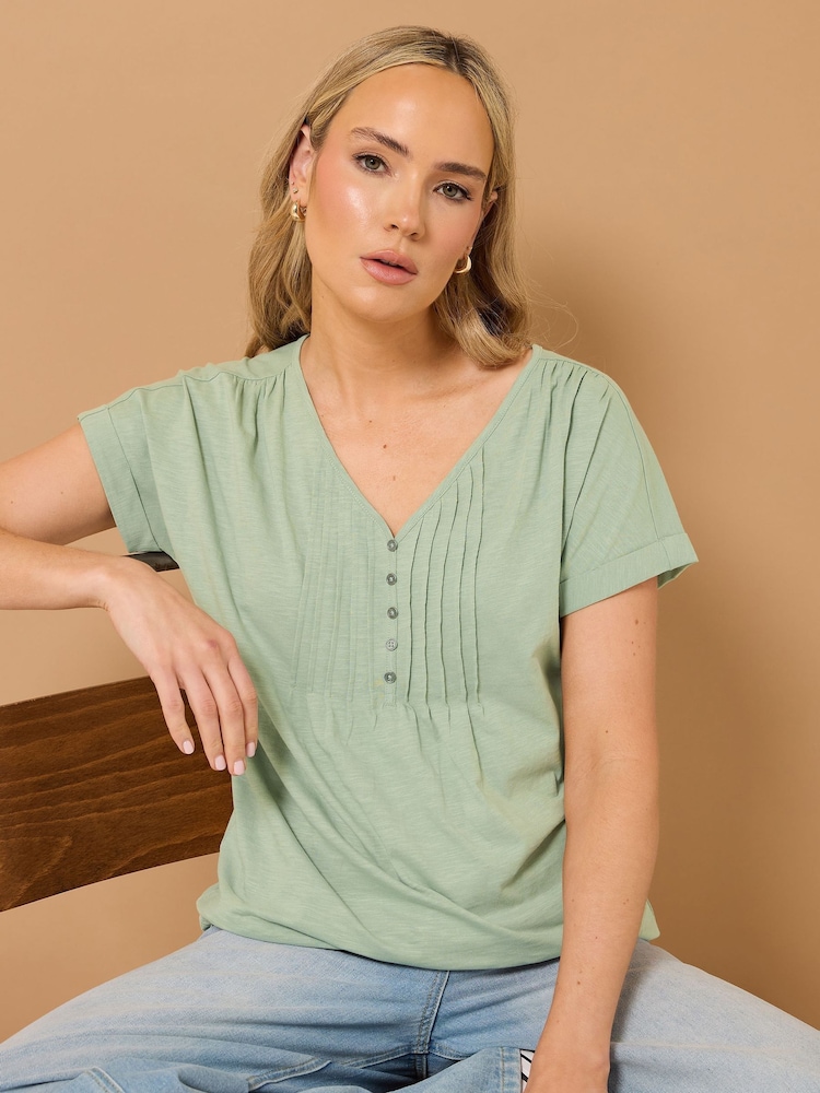 Long Tall Sally Green 100% Cotton Short Sleeve Pintuck Henley Top - Image 1 of 6