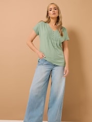 Long Tall Sally Green 100% Cotton Short Sleeve Pintuck Henley Top - Image 3 of 6