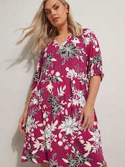 Yours Curve Pink Floral Print Notch Neck Dress - Image 1 of 5