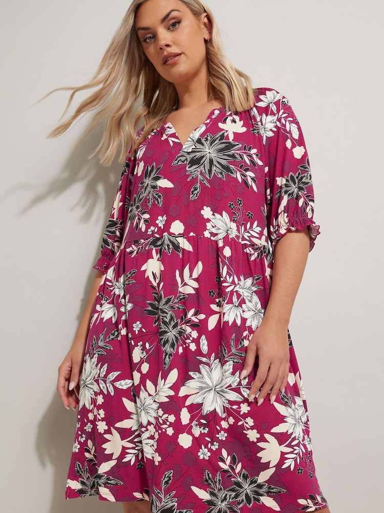 Yours Curve Pink Floral Print Notch Neck Dress - Image 1 of 5
