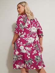 Yours Curve Pink Floral Print Notch Neck Dress - Image 2 of 5