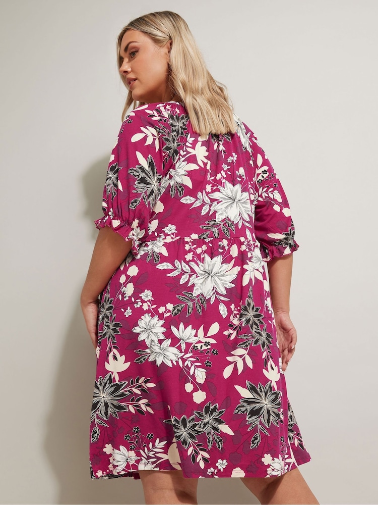Yours Curve Pink Floral Print Notch Neck Dress - Image 2 of 5