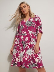 Yours Curve Pink Floral Print Notch Neck Dress - Image 3 of 5