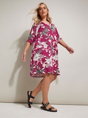 Yours Curve Pink Floral Print Notch Neck Dress - Image 5 of 5